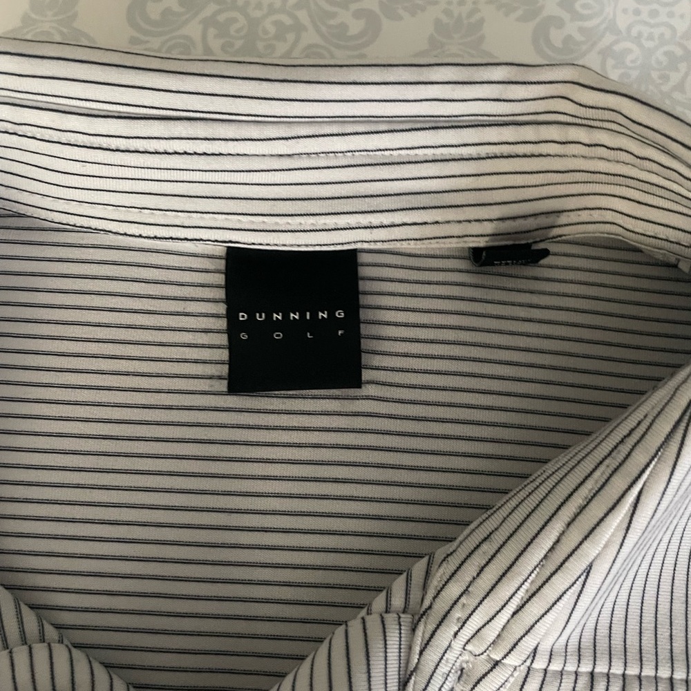 Dunning Golf- performance polo. Black and white strip size large